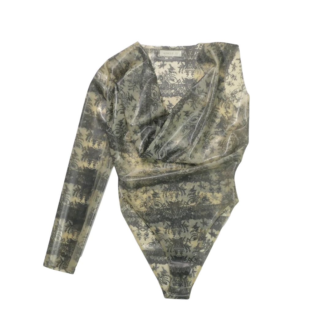 Latex Lace Asymmetric Cowl Neck Bodysuit