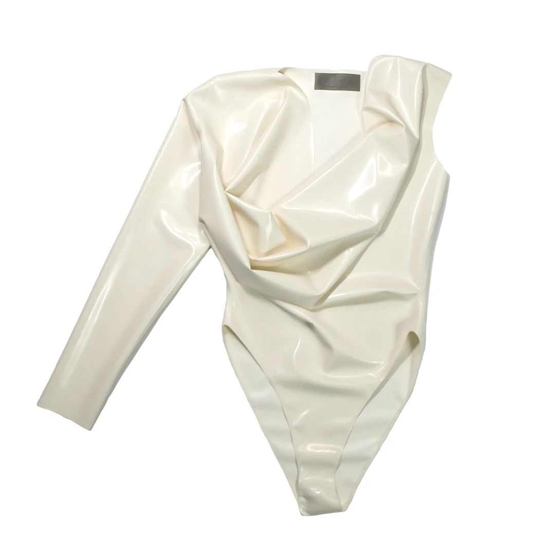 Latex Asymmetric Cowl Neck Bodysuit Egg White