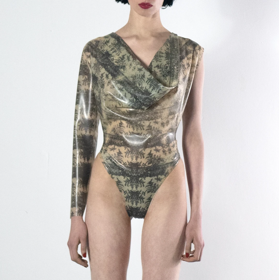 Latex Lace Asymmetric Cowl Neck Bodysuit