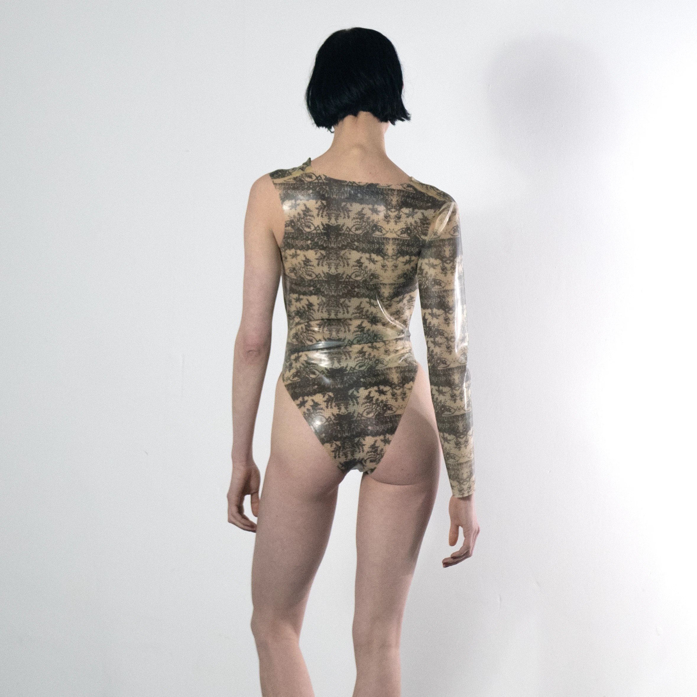 Latex Lace Asymmetric Cowl Neck Bodysuit